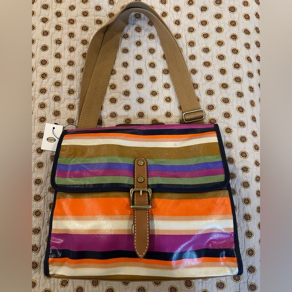 Fossil Handbags - Fossil Keyper Flap Stripe Coated Canvas w/ Leather Trim Crossbody Messenger NWT
